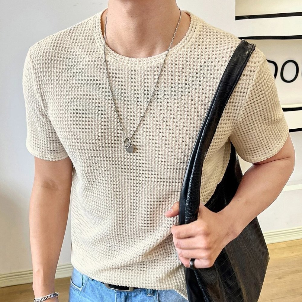 Beige Preppy Mens Solid Waffle Knit Tee - Picture 3 of 5